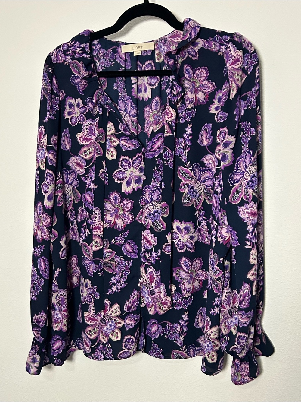 LOFT Purple Floral Tie-Neck Long-Sleeve Blouse